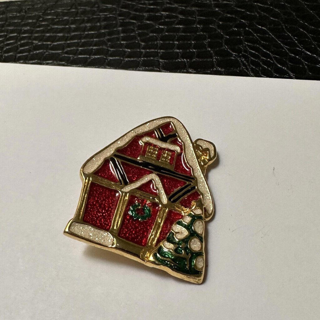 Nwot Signed Sfj Christmas Holiday Brooch Pin Enamel Red House With Tree And Snow